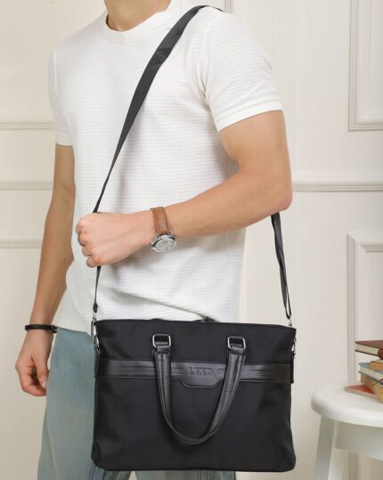 Embossed Laptop Bag with Sling Strap in Black, view 2