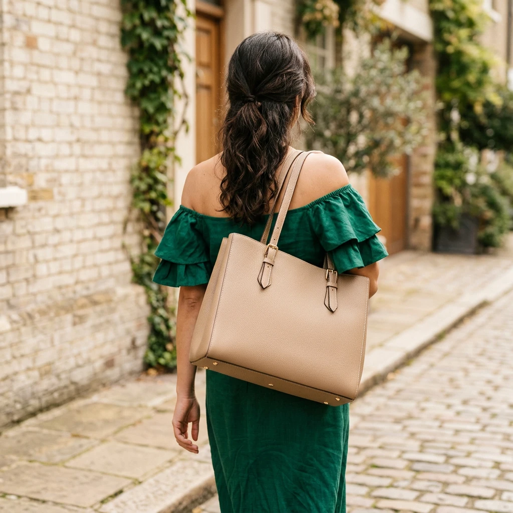 Woman walking with a tan leather tote bag