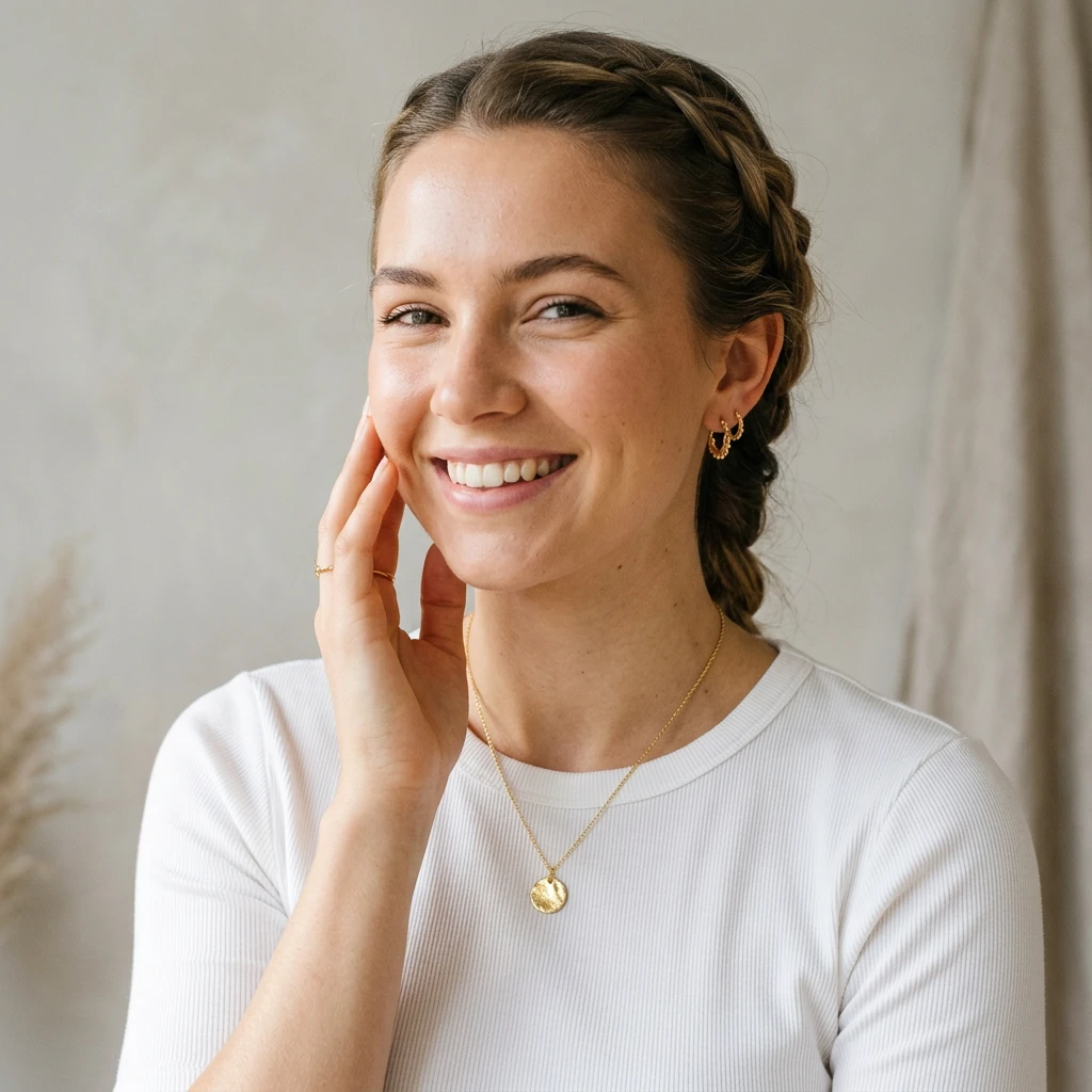 Smiling woman wearing a gold coin necklace and gold earrings