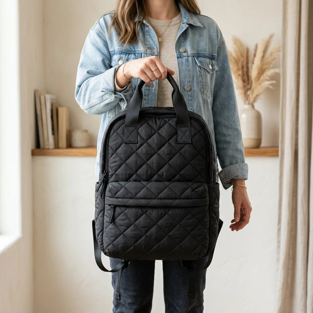 Woman holding a black quilted backpack