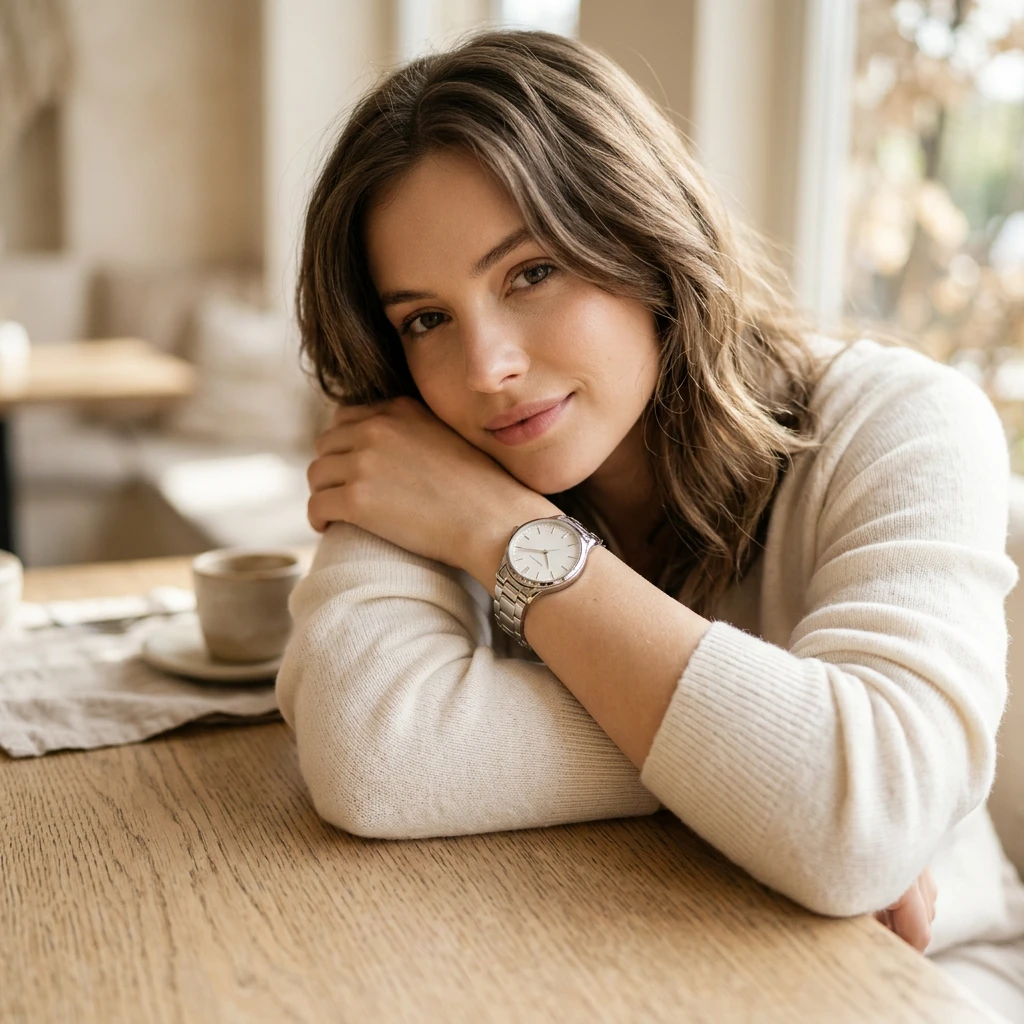 Woman wearing a silver wristwatch resting her arm on a table