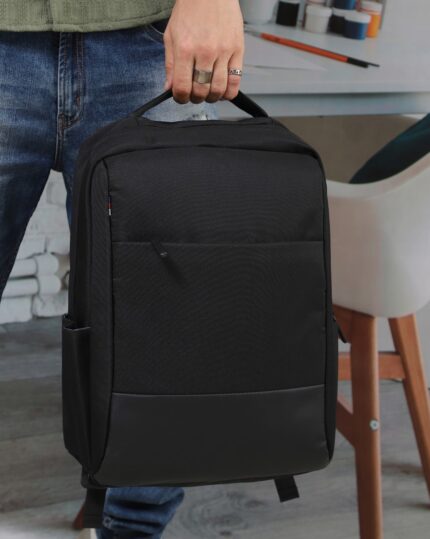 Panelled Laptop Backpack in Black, view 2