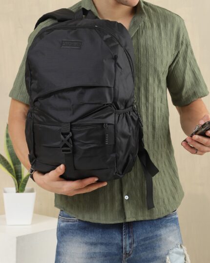 Pleated Patch Detail Backpack in Black, view 1
