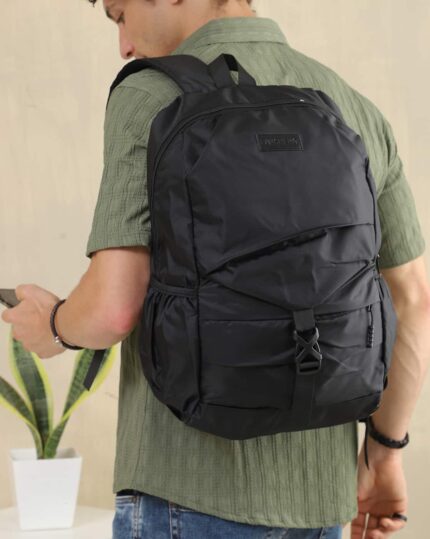 Pleated Patch Detail Backpack in Black, view 2