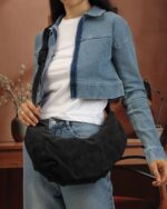 Pleated Suede Hobo Bag in Black, view 2