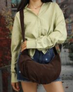 Pleated Suede Hobo Bag in Brown, view 2