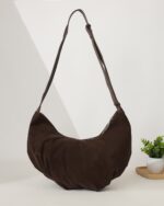 Pleated Suede Hobo Bag in Brown, view 4
