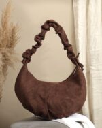 Ruched-Strap Tie-Up Shoulder Bag in Brown, view 4