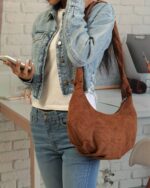 Ruched-Strap Tie-Up Shoulder Bag in Tan, view 2