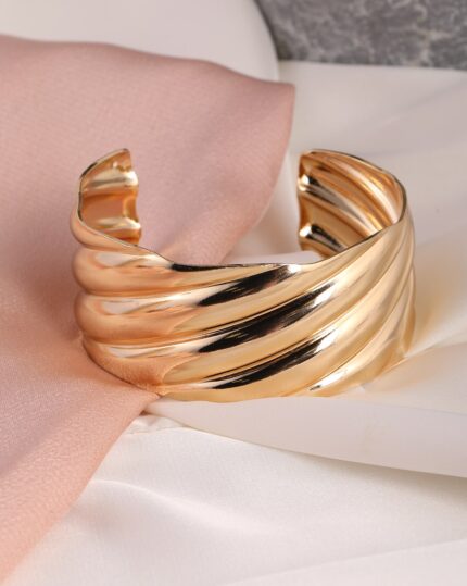 Twisted Ribbed Gold Cuff Bracelet, view 1